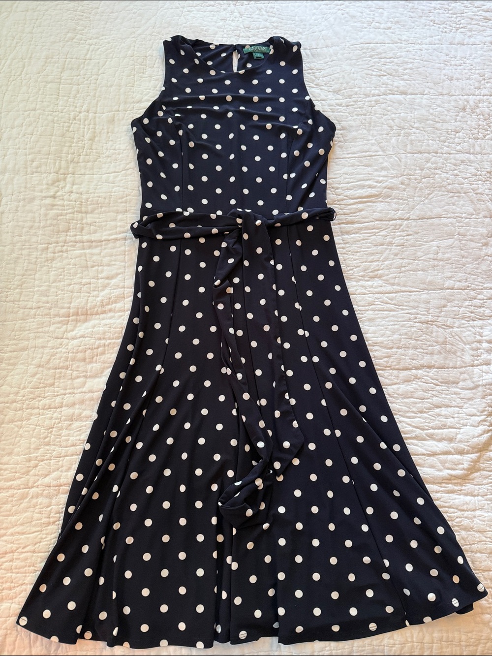 Lauren Ralph Lauren Navy and White Polka Dot Midi Dress with Tie Belt